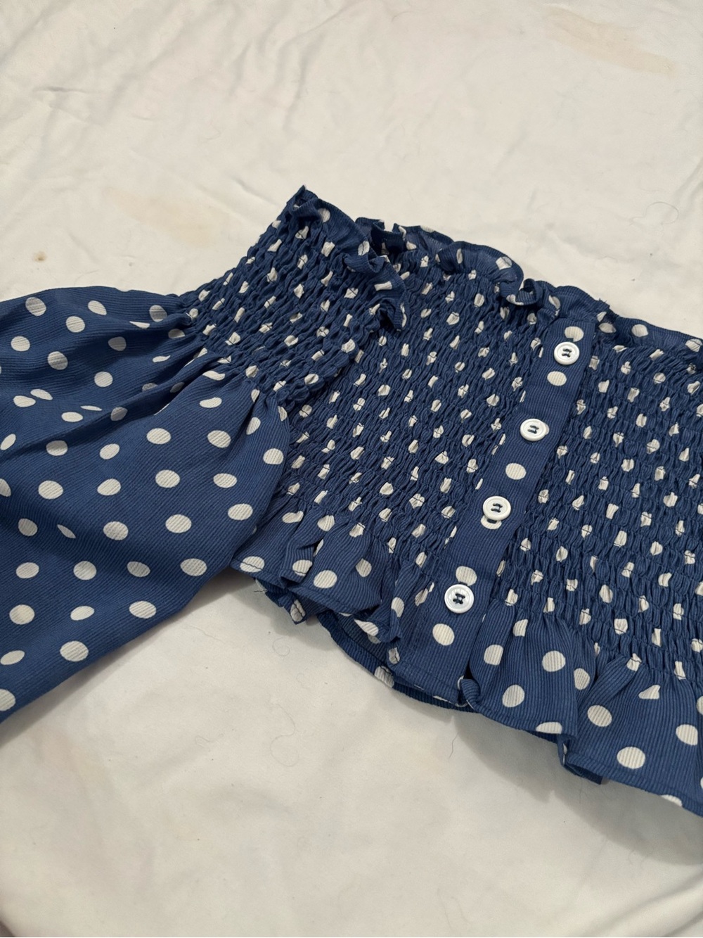Skylar + Madison Navy Blue Polka Dot Off-Shoulder Smocked Crop Top - Picture 5 of 7